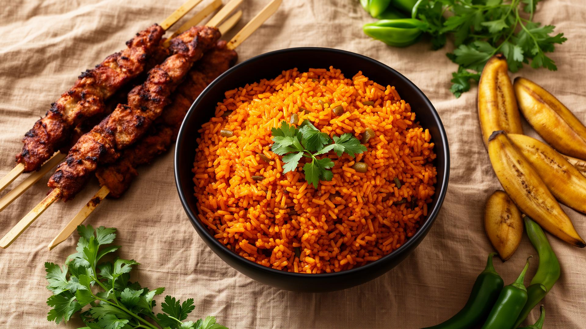 Jollof rice with suya skewers and plantains on a linen tablecloth